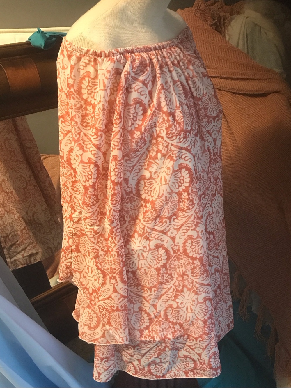 Women’s Coral and White Printed Maxi Skirt with Elastic Waist